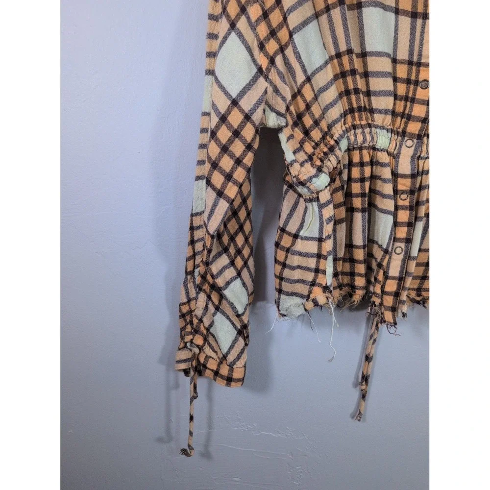 $118 Free People Pacific Dawn Plaid Shirt Peach Tree Plaid Snap Button Down S